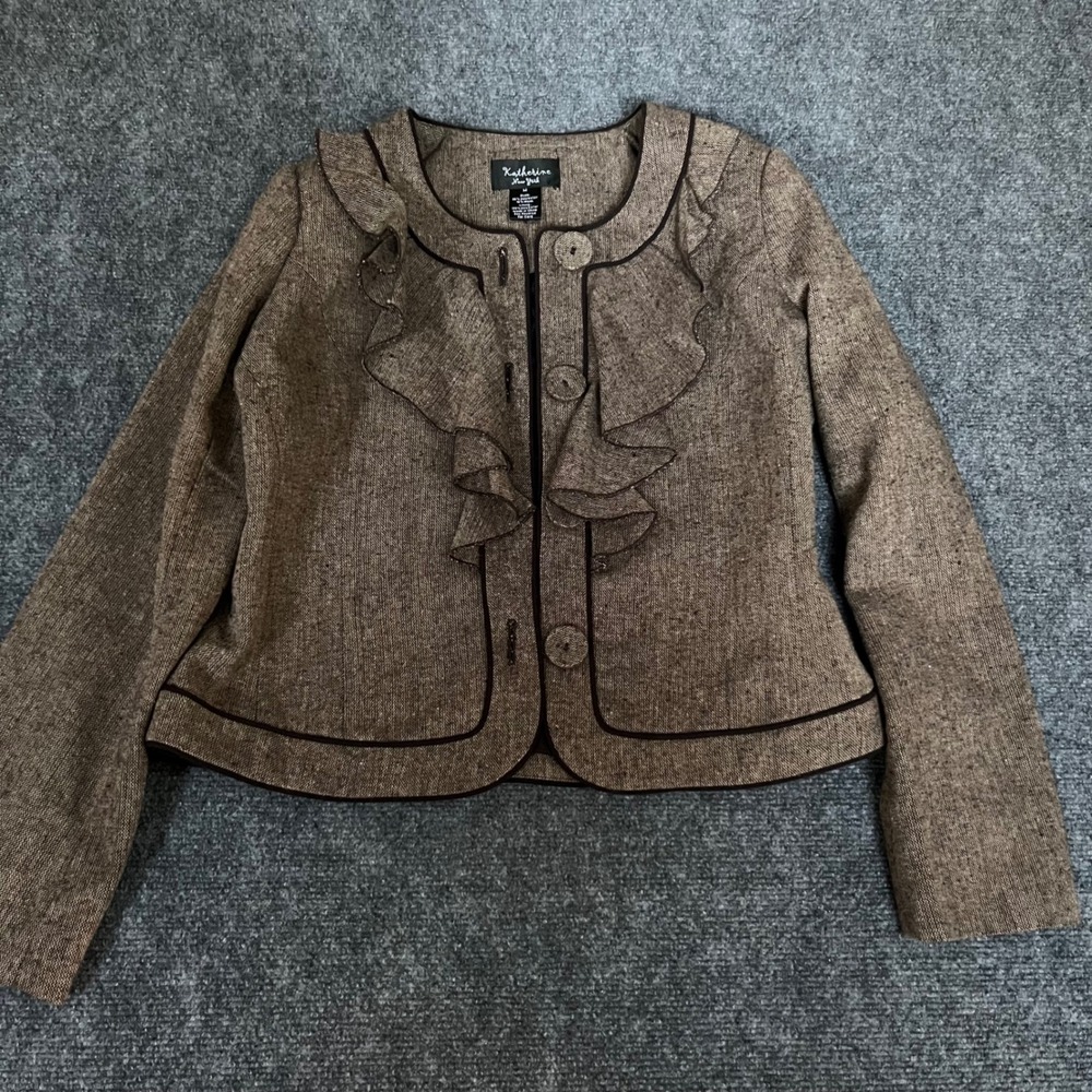 Katherine New York Brown Tweed Ruffle Front Blazer Wool Blend Jacket Womens M